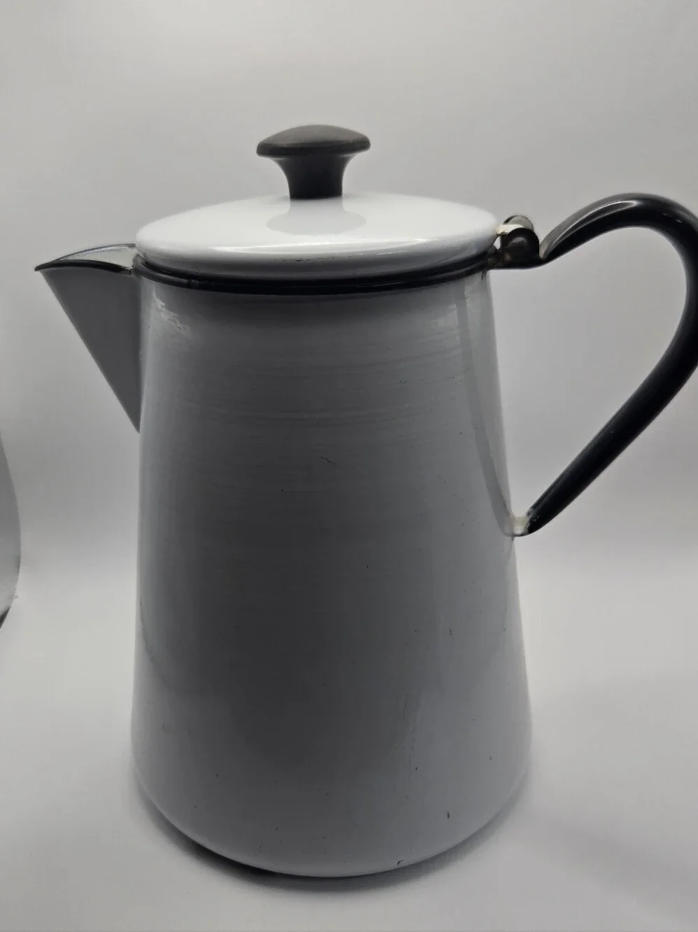 Vintage Enamel Coated Metal Cowboy Coffee Pot In Black And White